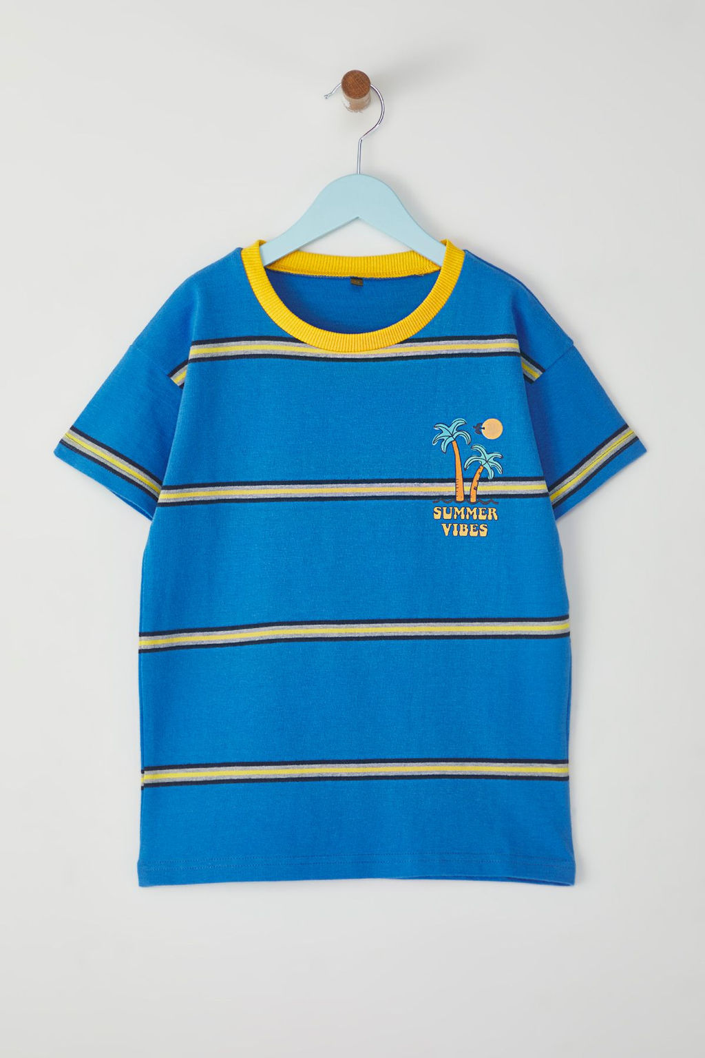 Mavi Pamuklu Cizgili Bask?l? Regular/Normal Kal?p K?sa Kol Orme T-Shirt TKDSS25TS00063