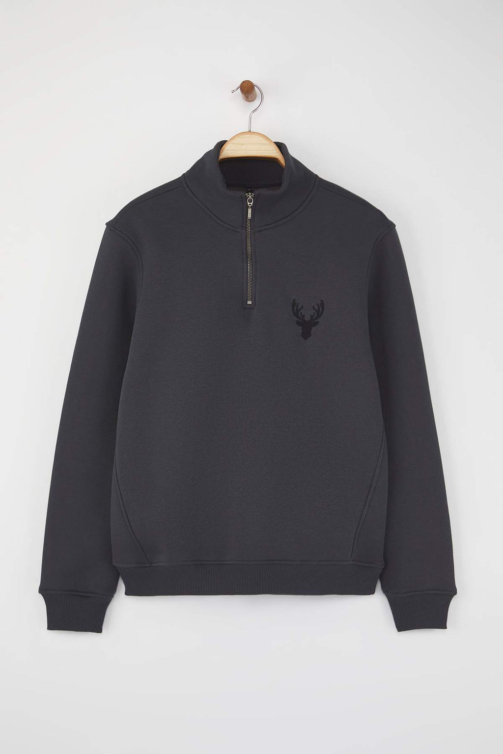 Antrasit Regular/Normal Kesim Dik Yaka Fermuarl? Pamuklu Geyik Nak?s Sweatshirt TMNAW24SW00041