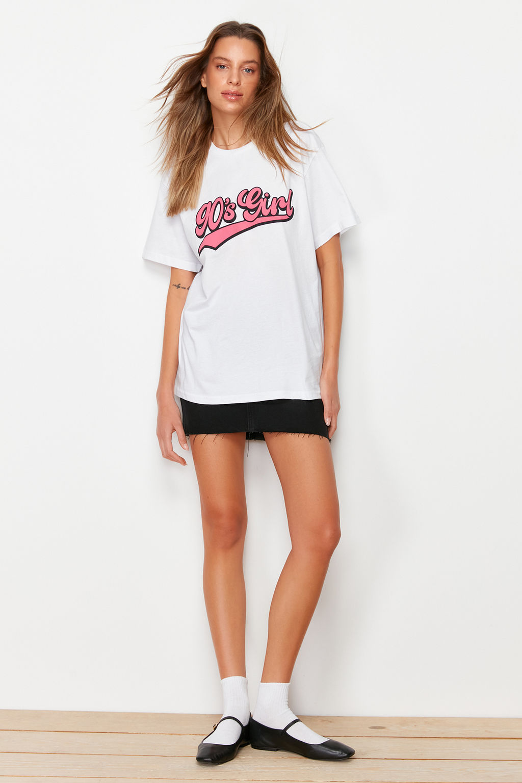 TRENDYOLMILLA Lacivert Bask?l? Oversize/Genis Kal?p Dik Yaka Orme T-Shirt TWOSS23TS00373  фото 13