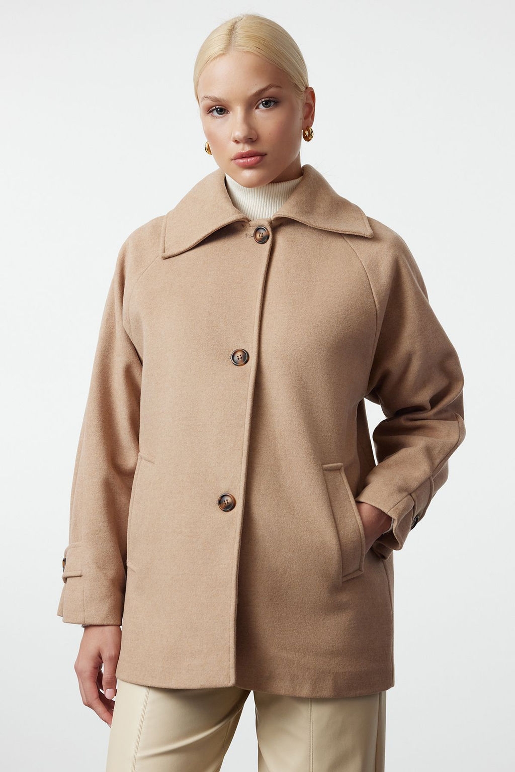 Bej C?kar?labilir Yaka Kurk Detayl? Regular Midi Yunlu Kaban TWOAW25KB00070