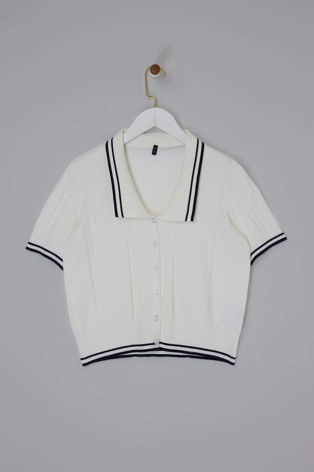 Ekru Genis Yaka Dugmeli K?sa Kol Triko Bluz TWOSS26BZ00125 - Trendyolmilla фото 5