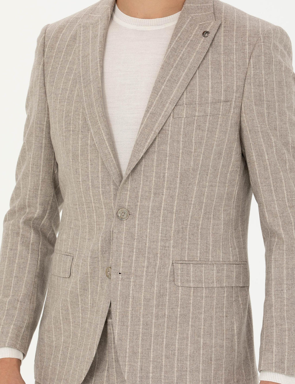 Бежевая классическая куртка приталенного кроя из шерсти и кашемира в полоску - Cacharel фото 6