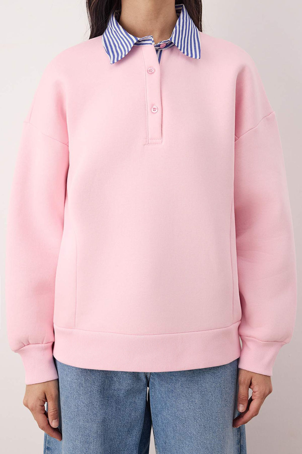 Pembe Dokuma Garni Detayl? Oversize Kal?p Polo Yaka Kal?n Polarl? Orme Sweatshirt TWOAW26SW00116