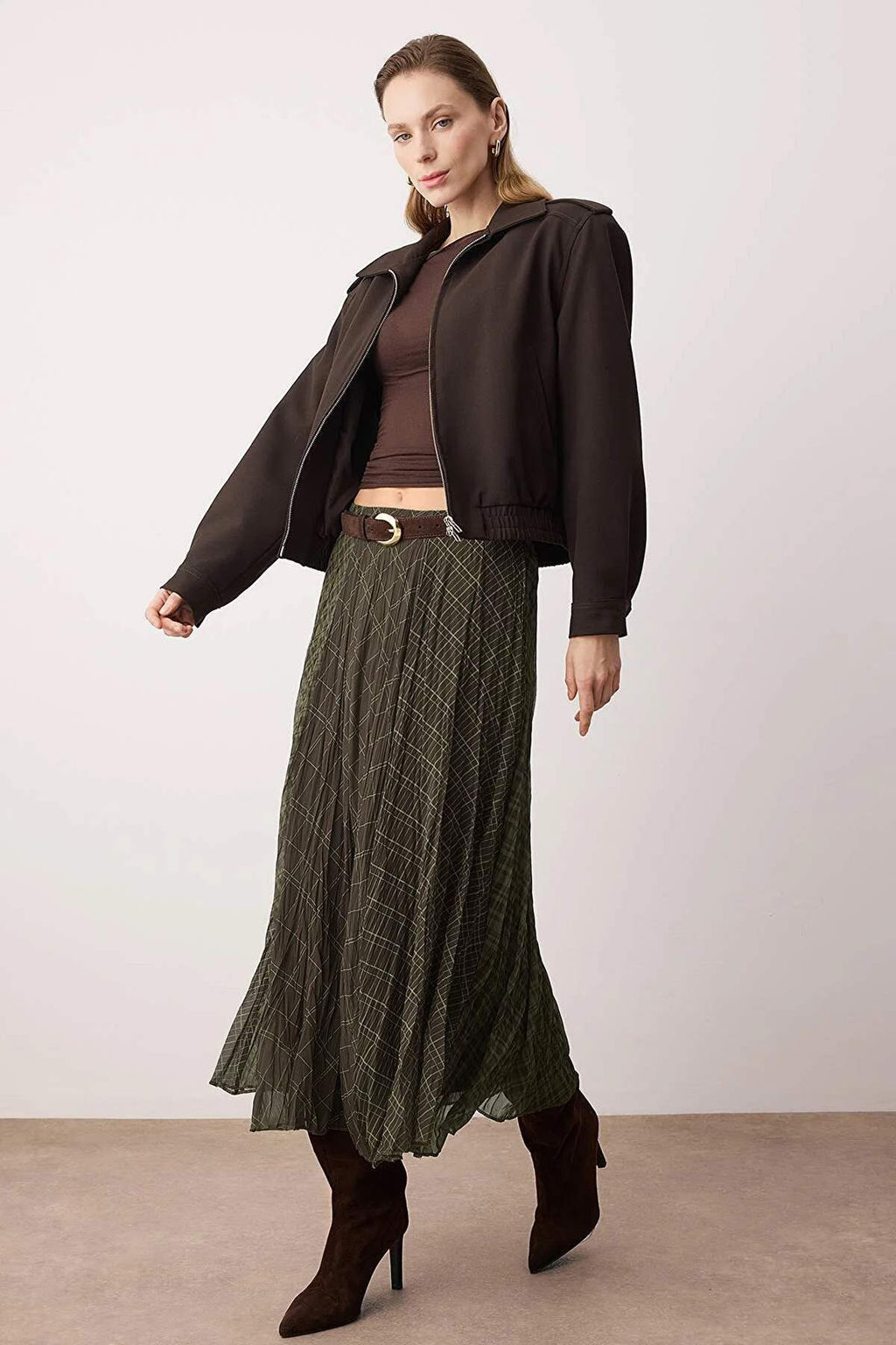 Haki-Kahverengi Ekoseli Astarl? Sifon K?r?s?k Efektli Maxi Asimetrik Etek TWOSS26ET00045