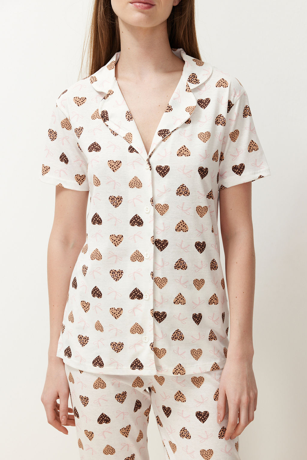 Ekru %100 Pamuklu Kalpli Orme Pijama Tak?m? THMSS24PT00338