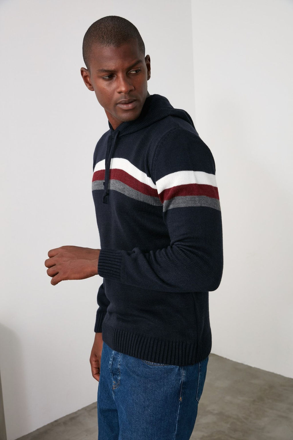 Lacivert Slim Dar Kesim Kapusonlu Cizgili Triko Kazak TMNAW21KZ0517