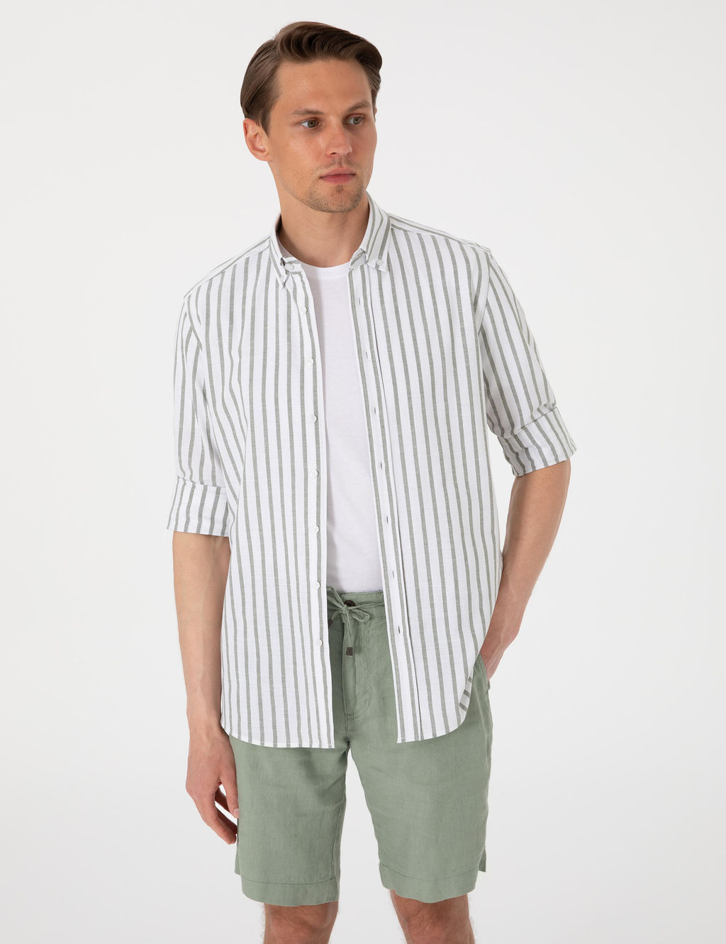 Haki Regular Fit _izgili Uzun Kollu G_mlek