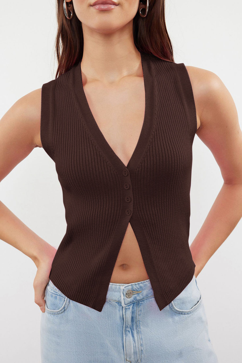 TRENDYOLMILLA Kahverengi Crop Premium/ Ozel Iplik Yelek TWOSS24BZ00258  фото 3
