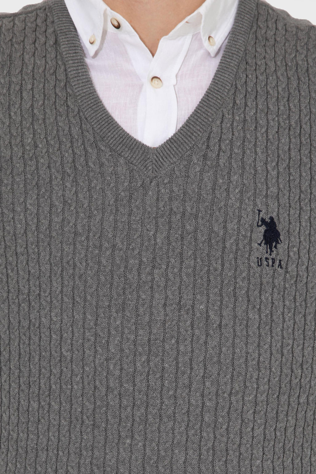 U. S. Polo Assn Мужской серый меланжевый базовый трикотажный свитер с v-образным вырезом - U.s. polo assn фото 18