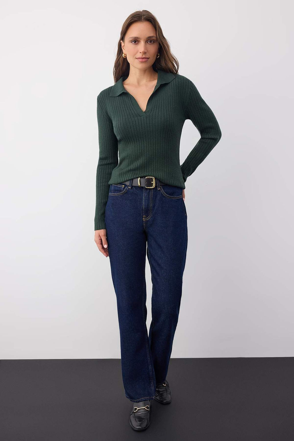 Wardrobe Essentials Zumrut Yesili Premium IplikPolo Yaka Fitilli Triko Kazak | TWOAW26KZ00077