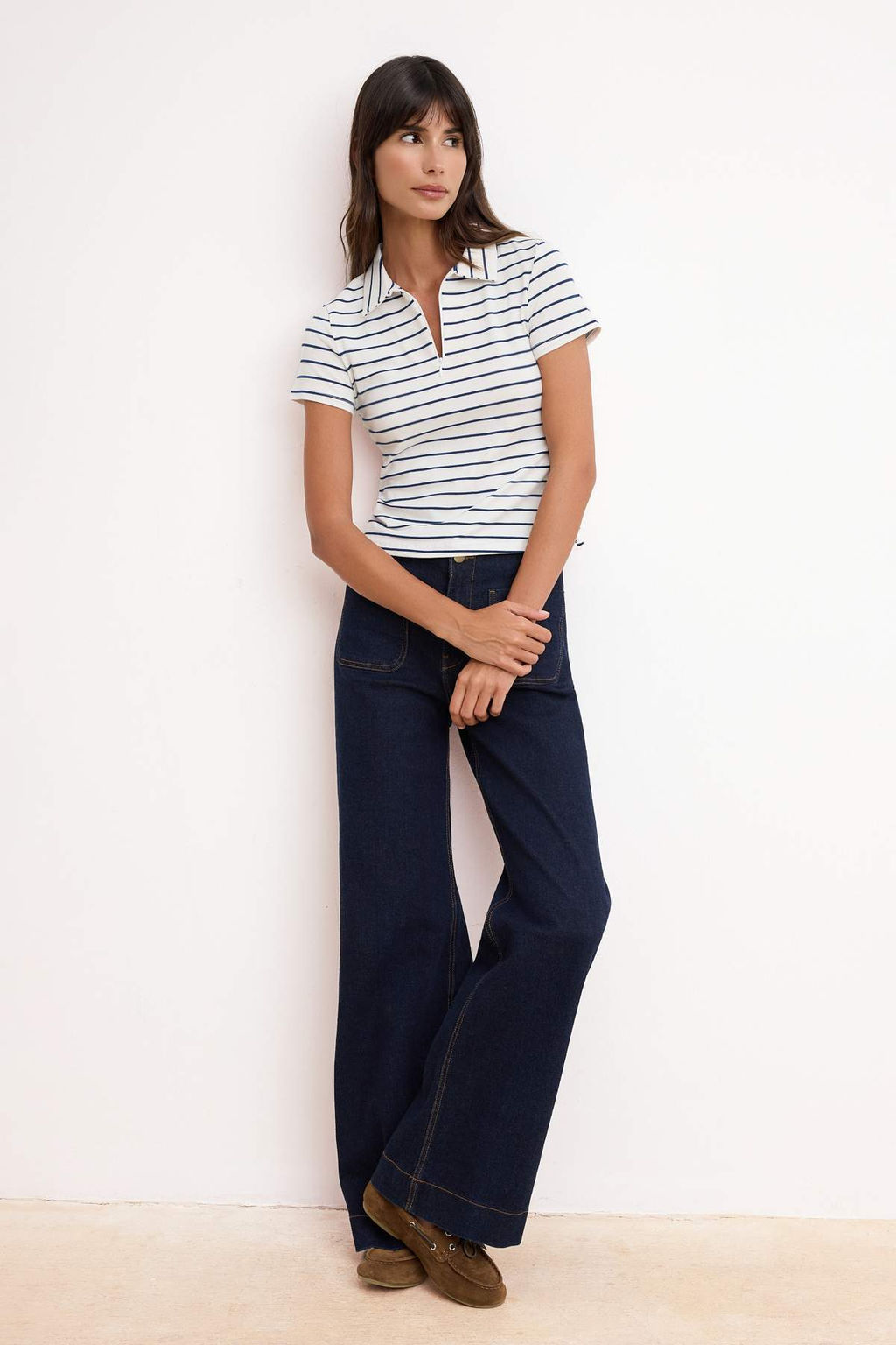 Lacivert Cizgili Normal Kal?p Polo Yaka Fermuarl? Crop Yumusak Orme Bluz TWOSS26TS00025