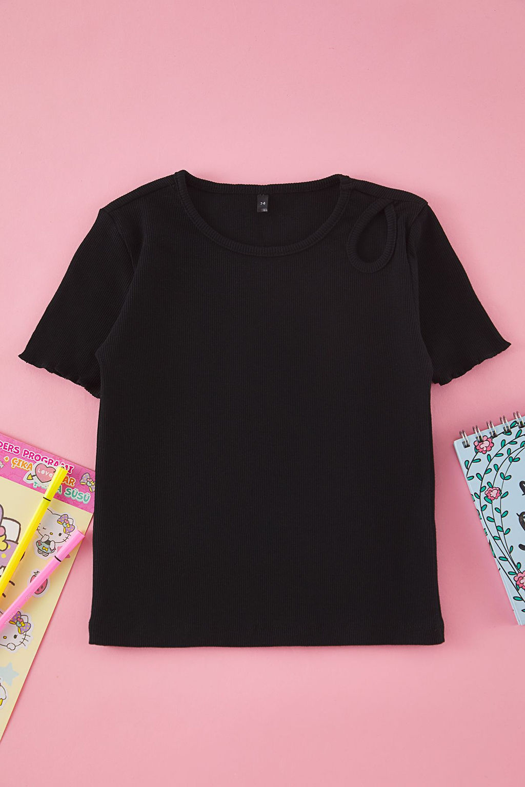 Siyah K?z Cocuk Pamuklu Basic Regular Kal?p Cut-Out Detayl? K?sa Kol Orme T-Shirt TKDSS25TS00022 - Trendyolmilla фото 5