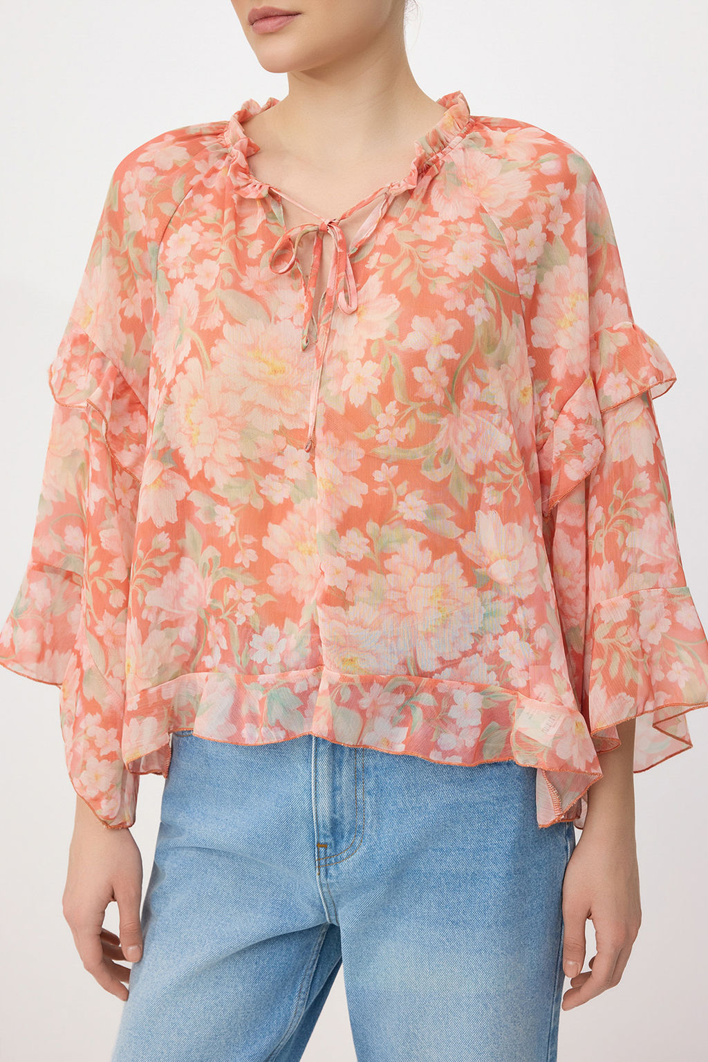 Cok Renkli Cicekli Standart Beden F?rf?r Detayl? Transparan Sifon Bluz TWOSS26BZ00538 - Trendyolmilla фото 3