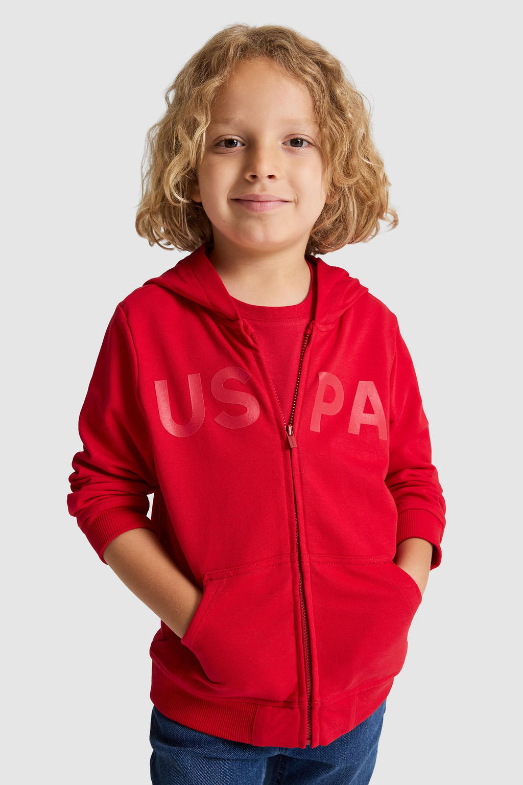 Erkek _ocuk K_rm_z_ Kap__onlu Fermuarl_ Basic Sweatshirt