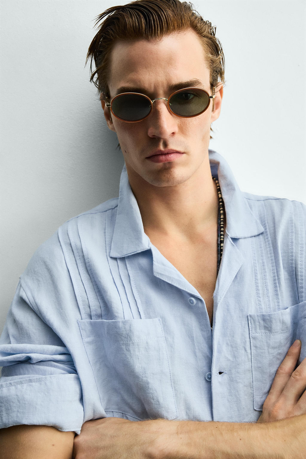 CAMISA RELAXED FIT 100% LINO PLIEGUES / Celeste