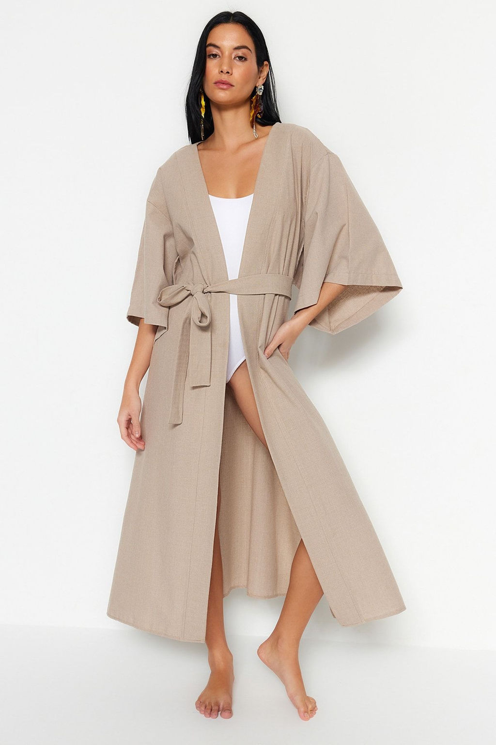 Bej Kusakl? Maxi Dokuma Keten Gorunumlu Plaj Kimono&Kaftan TBESS23KM00058 - Trendyolmilla фото 3