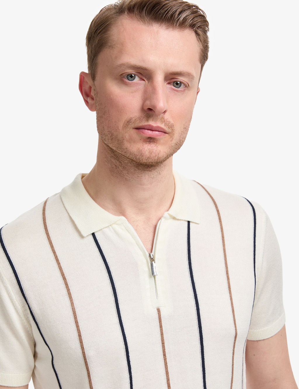 Ekru Slim Fit Polo Yaka Fermuarl_ Triko Ti__rt