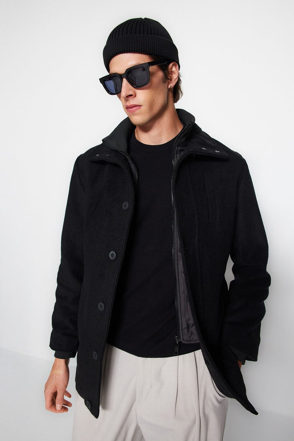 Trendyolmilla Man Siyah Regular Fit Dik Yaka Yun Kar?s?ml? Kase K?sl?k Kaban TMNAW24KB00002  фото 5