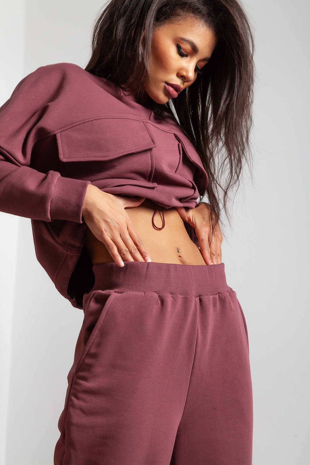 Костюм спортивный трикотажный с широкими брюками из футера бежевый меланж - Fly фото 5