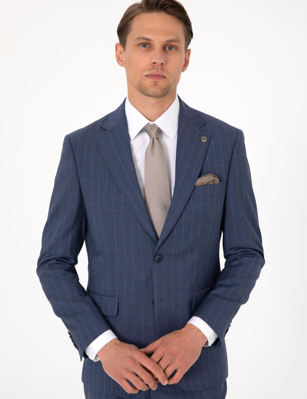 Koyu Mavi Slim Fit _izgili Y_n Tak_m Elbise