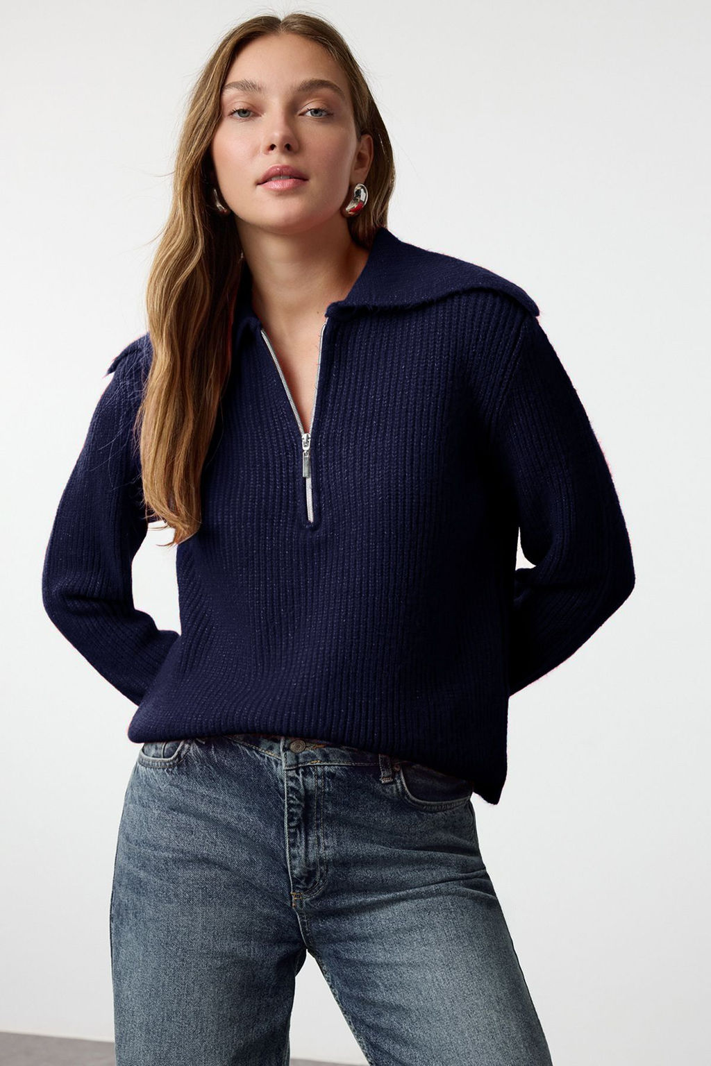 Ekru Yunlu Genis Kal?p Polo Yaka Fermuarl? Triko Kazak TWOAW25KZ00011 - Trendyolmilla фото 16