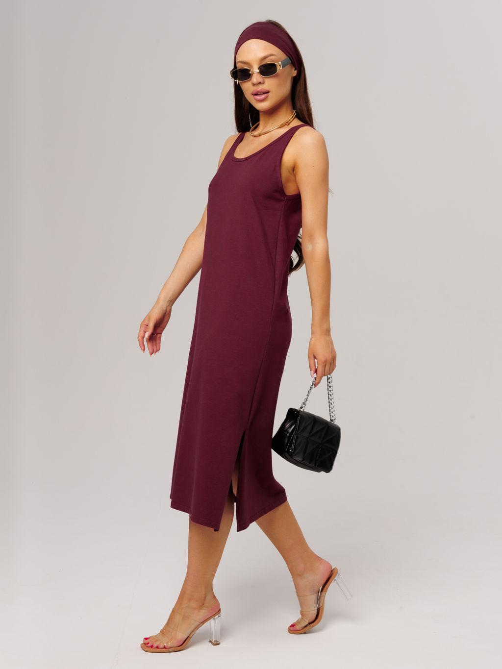 Трикотажная удлиненная туника с разрезами темно-бордовая КТ-18 (28)