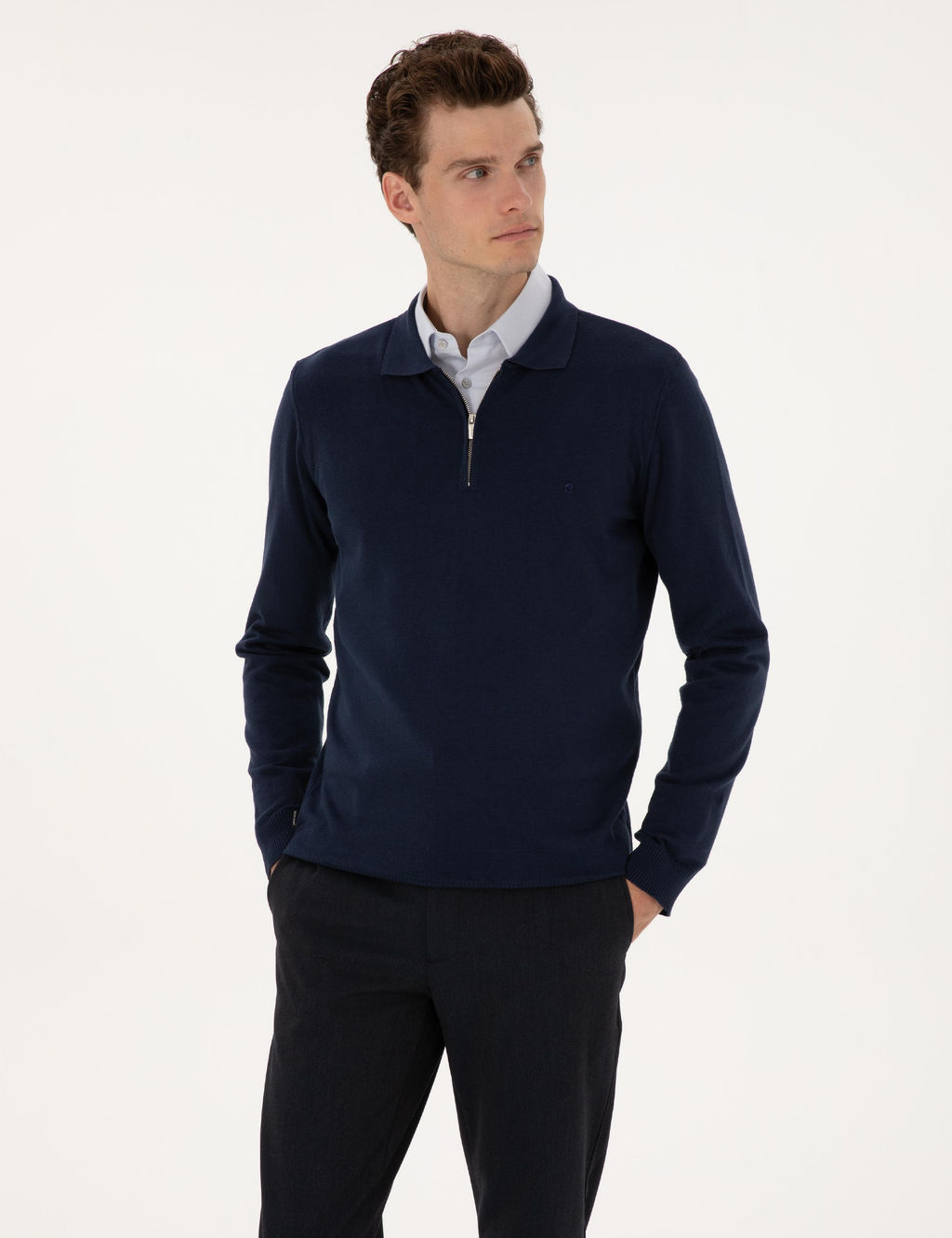 A__k Lacivert Slim Fit Polo Yaka Fermuarl_ Basic Triko Kazak - Pierre cardin фото 3
