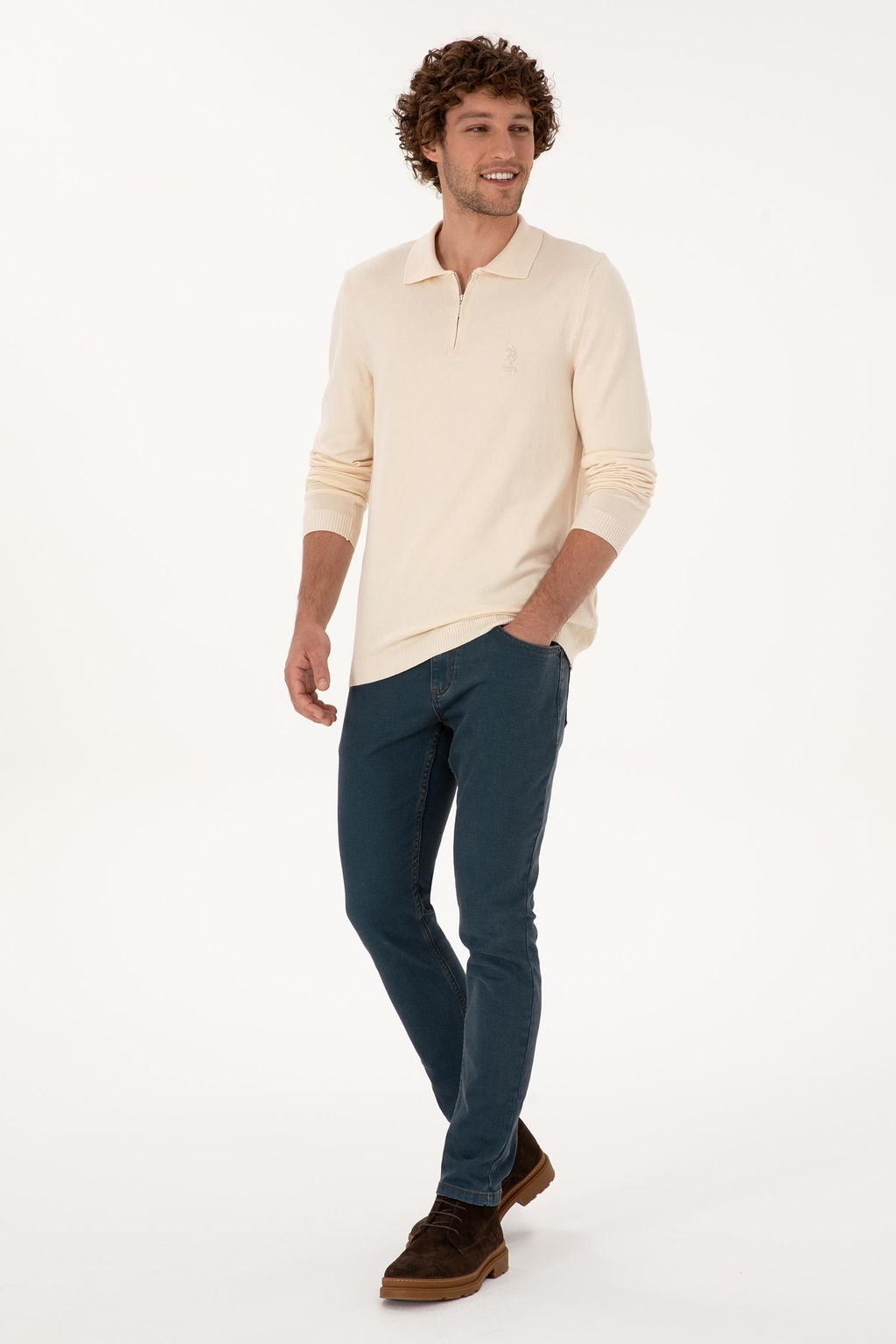 Erkek Slim Fit Yar_m Fermuarl_ Polo Yaka Krem Kazak