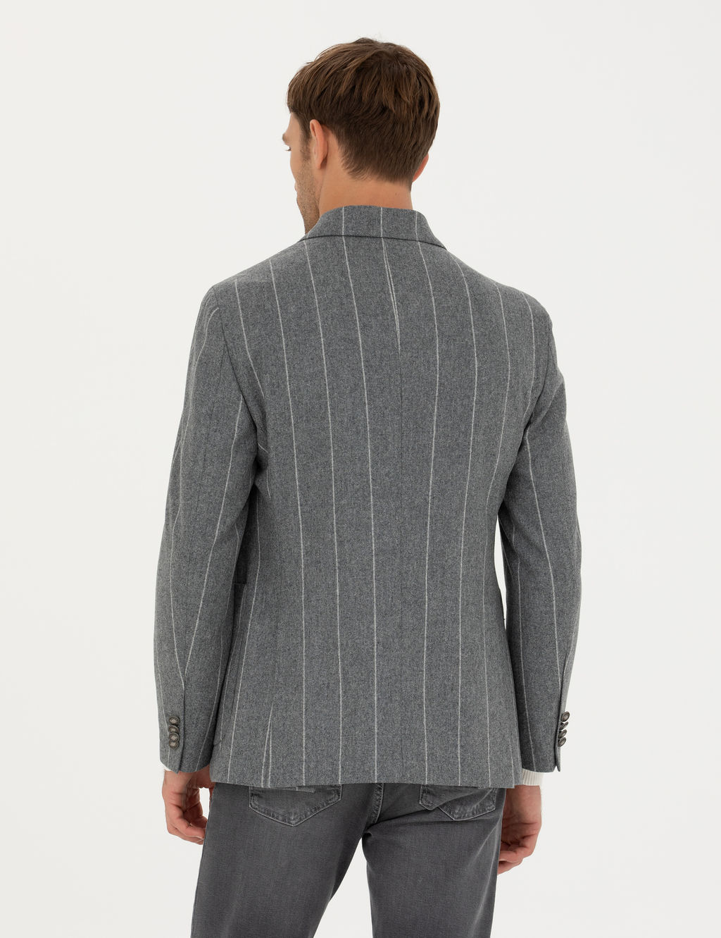 Gri Ex.Slim Fit %100 Y_n _izgili Kruvaze Ceket