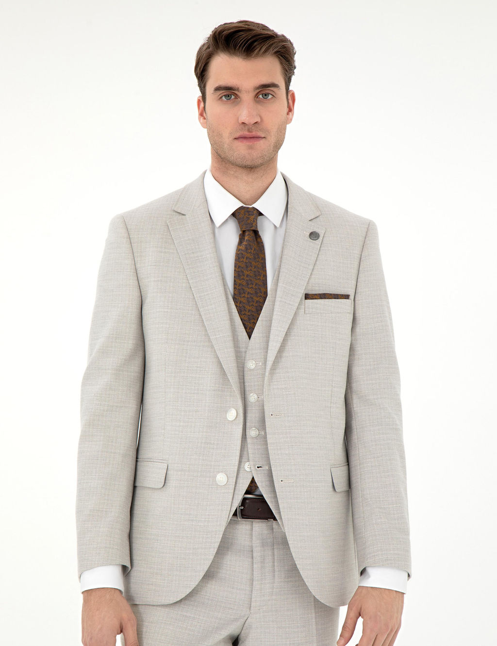 Bej Ex. Slim Fit Yelekli Tak_m Elbise