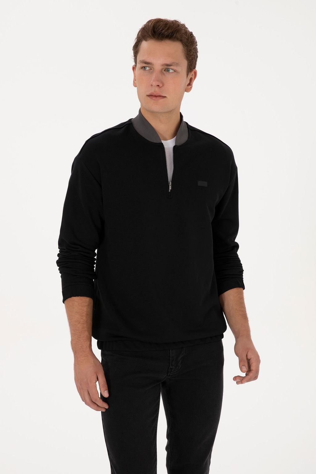 Erkek Comfort Fit Yar_m Fermuarl_ Siyah Sweatshirt