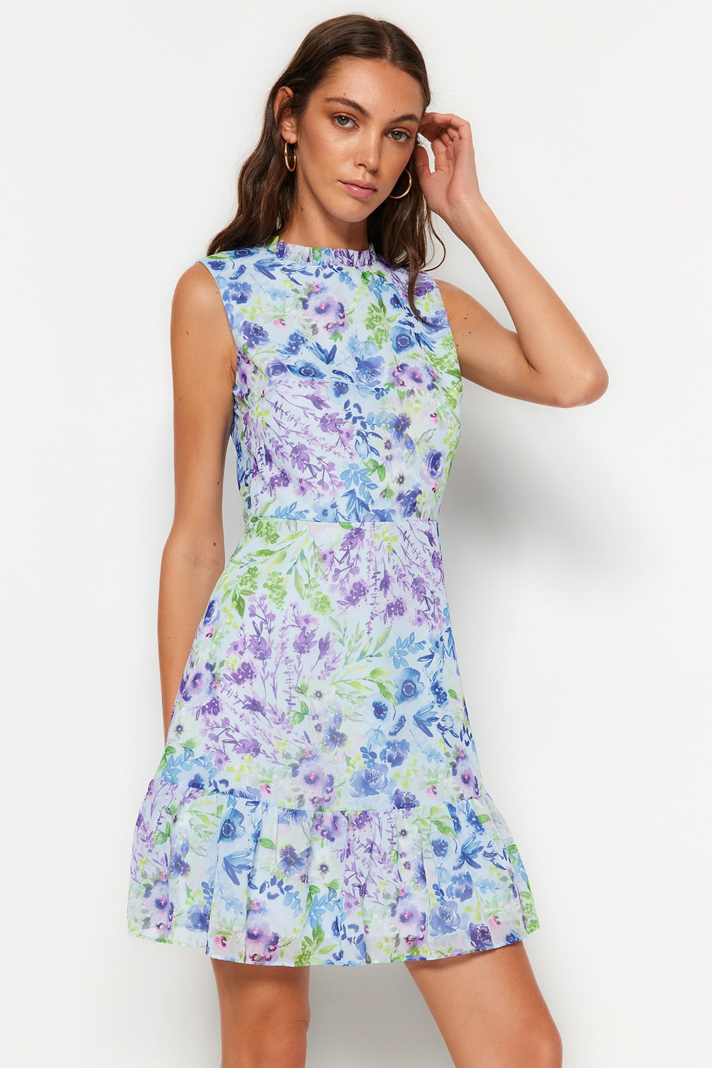 Mavi Cicekli A Kesim F?rf?rl? Astarl? Mini Dokuma Elbise TWOSS20EL0681