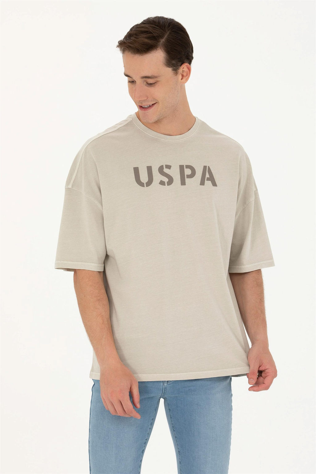 Мужская бежевая футболка оверсайз с круглым вырезом Неожиданная скидка в корзине - U.s. polo assn фото 3
