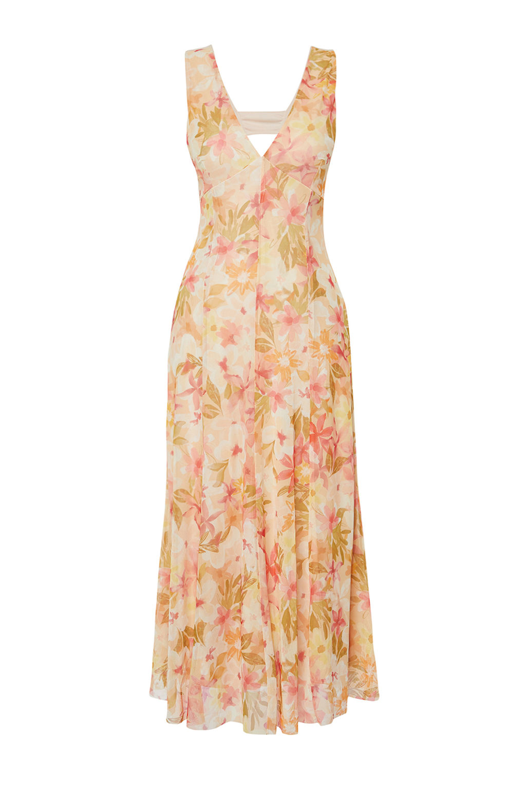 Cok Renkli Cicekli Cicek Bask?l? V Yaka Tul Esnek Orme Elbise TWOSS24EL00384