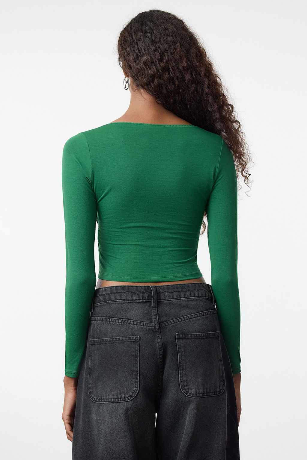 Trendyolmilla Siyah Derin Kruvaze Yaka Dantel Detayl? Uzun Kol Crop Pamuklu Esnek Orme Bluz TWOAW24BZ00291 фото 10