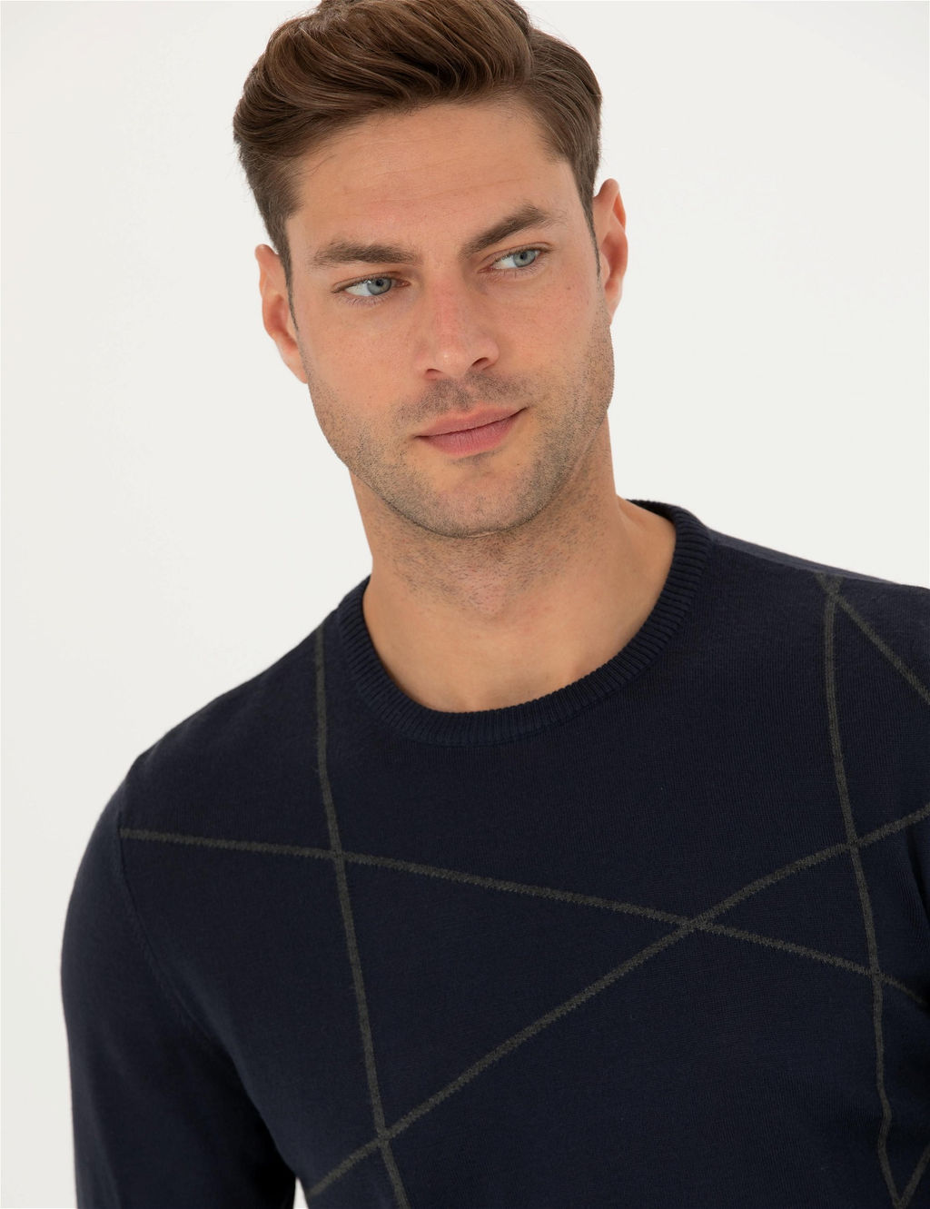 Lacivert Slim Fit Bisiklet Yaka Y_n Kar___ml_ Triko Kazak