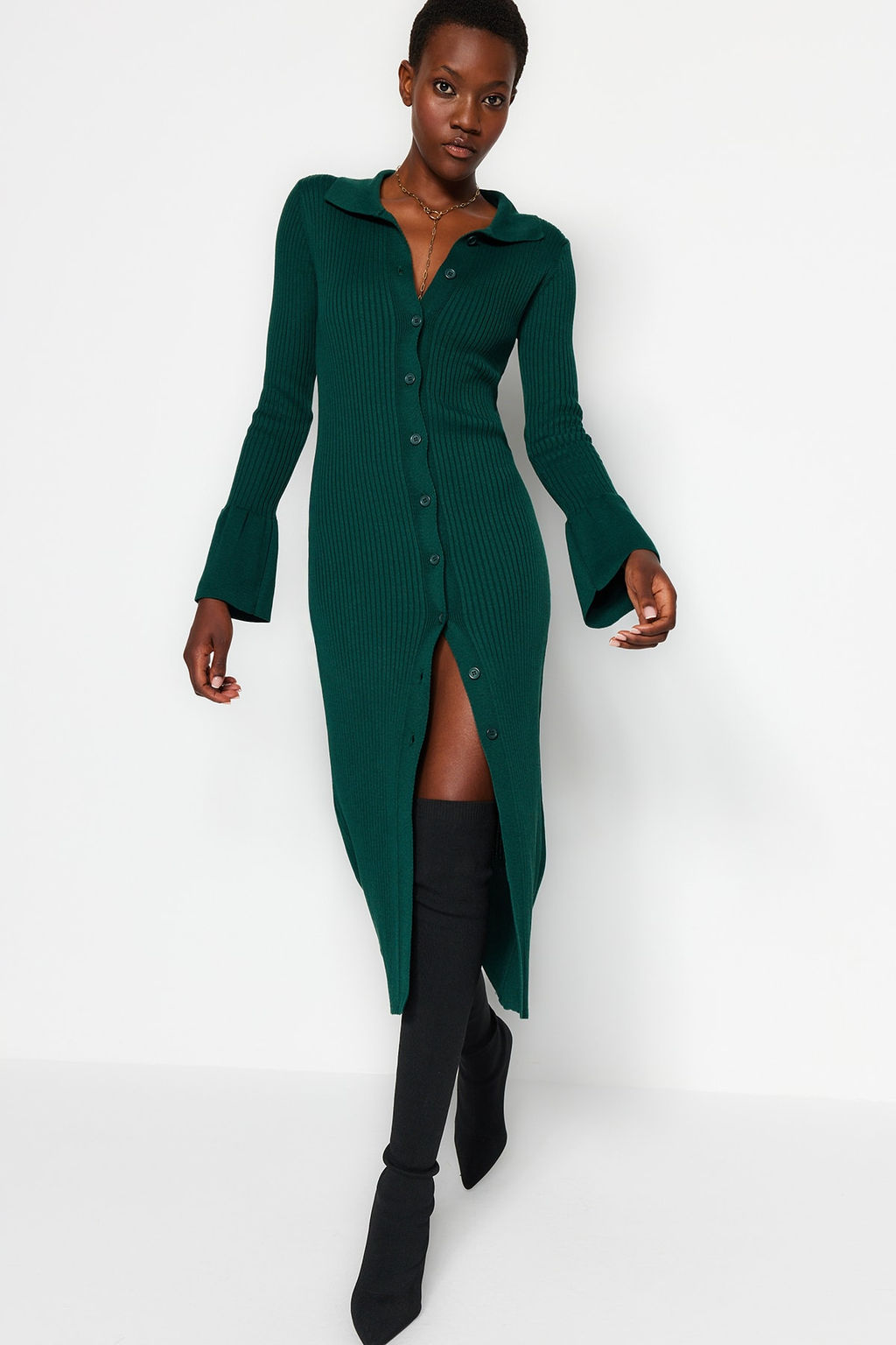 TRENDYOLMILLA Zumrut Yesili Maxi Triko Kol Detayl? Polo Yaka Elbise TWOAW24EL00046  фото 2