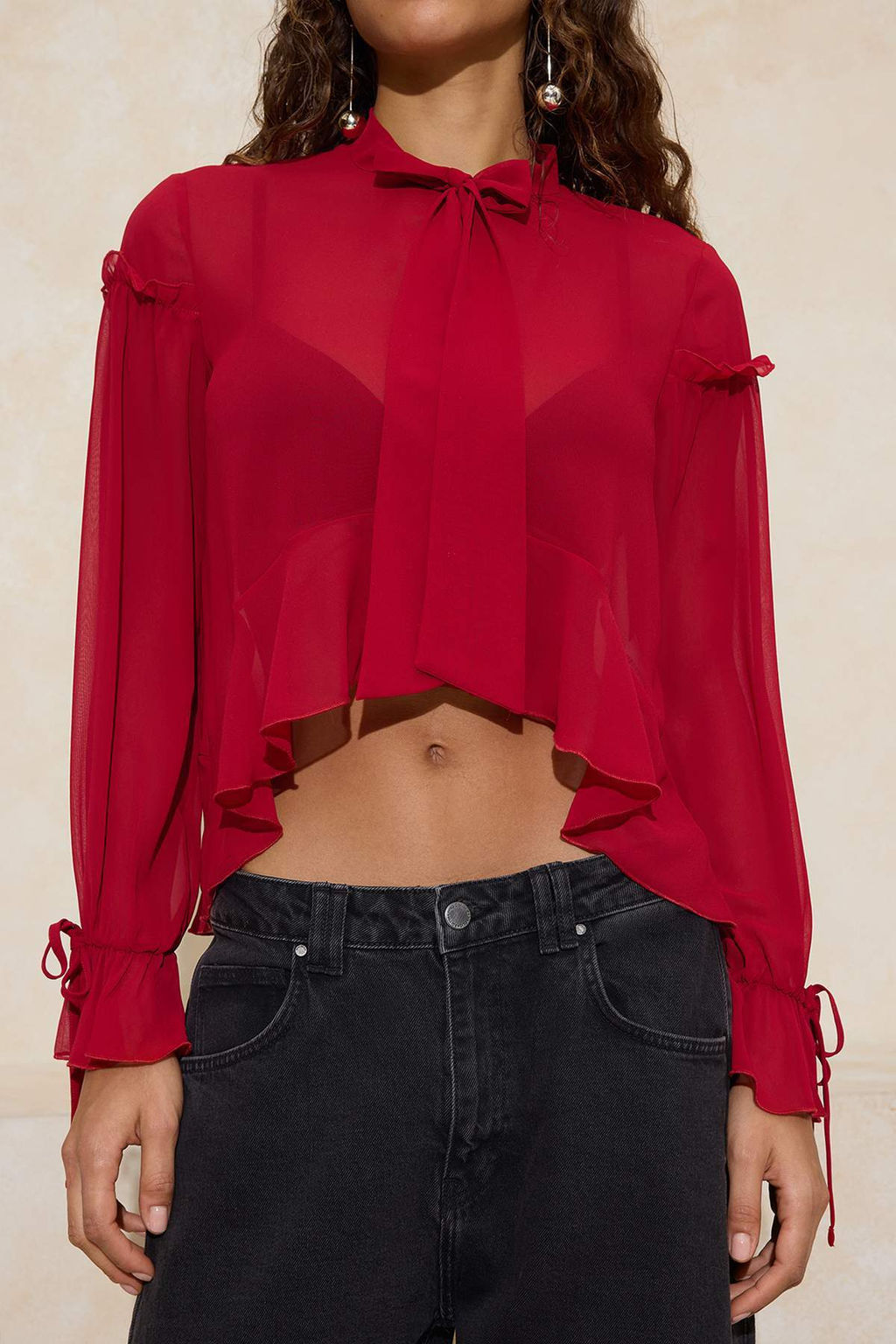 K?rm?z? Fular Yaka Onu K?sa Sifon Transparan Bluz TWOSS26BZ00212 - Trendyolmilla фото 3