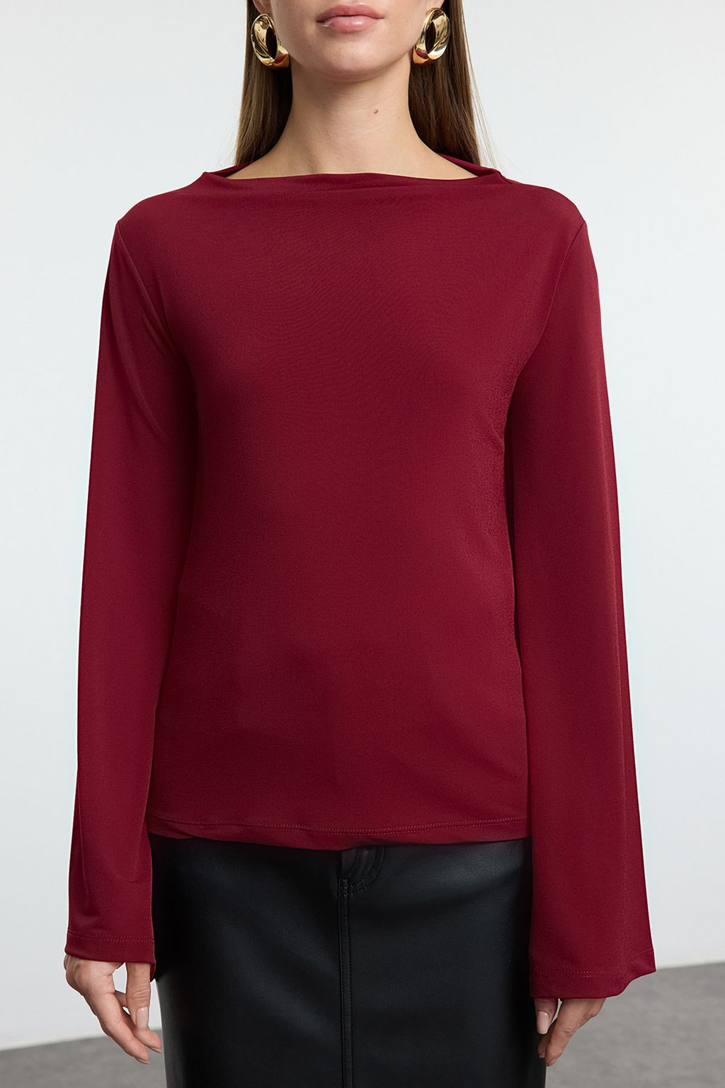 Koyu Visne Relaxed/Rahat Kal?p Ispanyol Kol Esnek Orme Bluz TWOAW25BZ00203