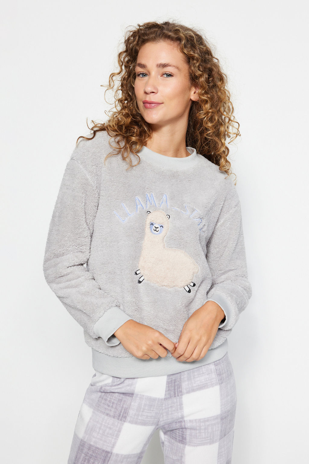 Trendyolmilla Gri Wellsoft Lama Desenli K?sl?k Orme Pijama Tak?m? THMAW24PT00029