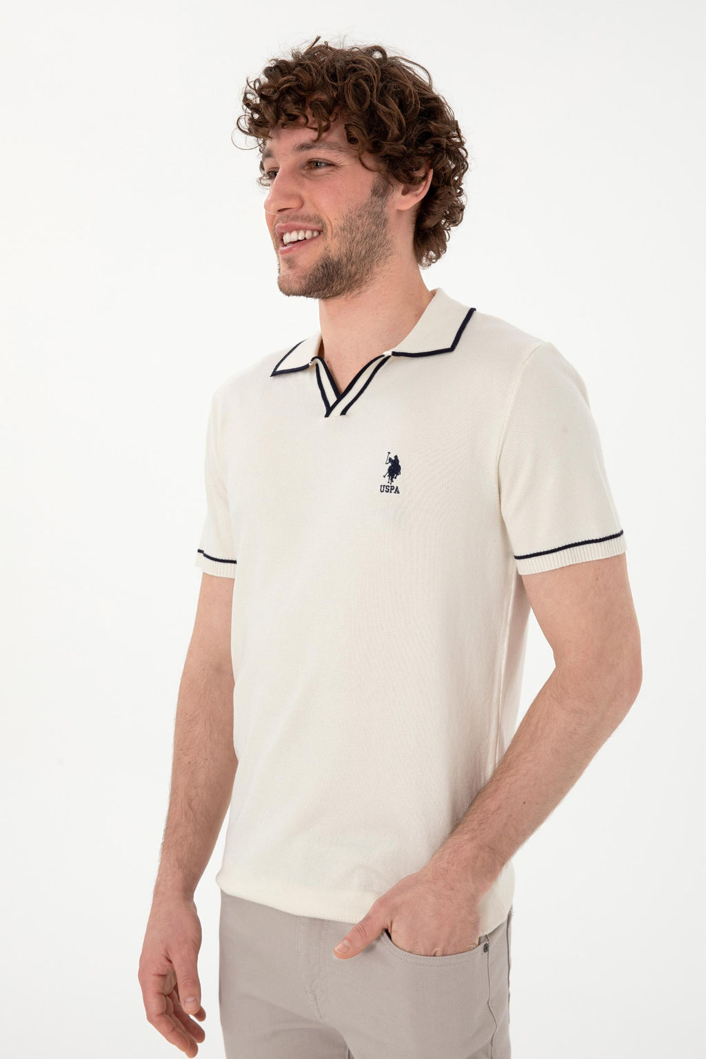 Erkek Slim Fit Polo Yaka Krem Triko Ti__rt