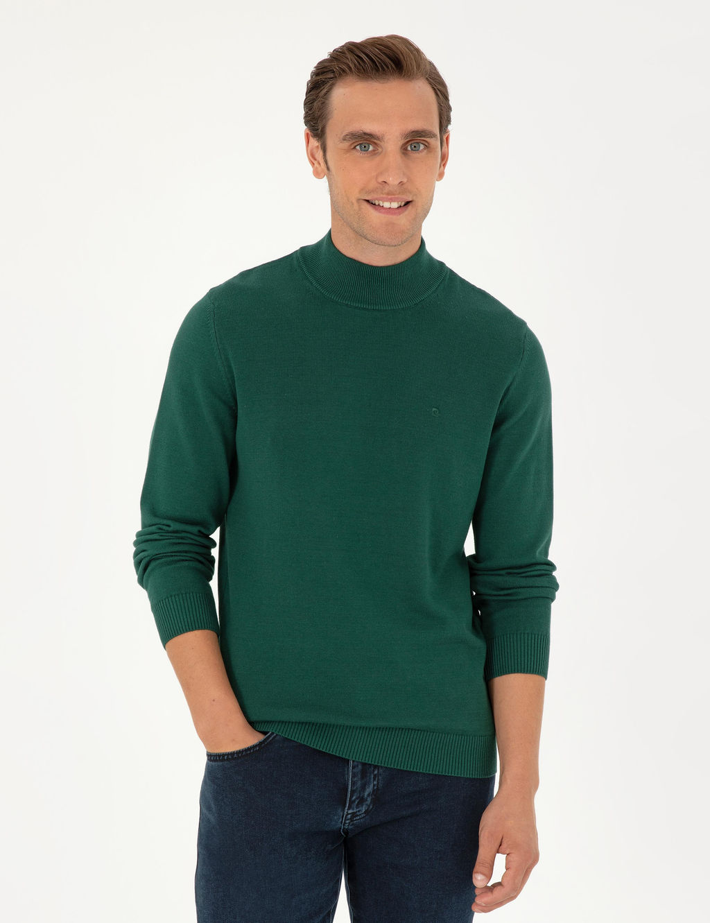Ye_il Slim Fit Yar_m Bal_k__ Yaka Basic Triko Kazak