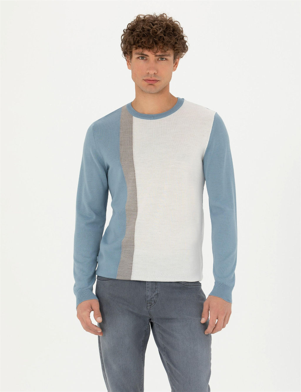 Koyu Mavi Slim Fit Bisiklet Yaka Y_n Kar___ml_ Triko Kazak