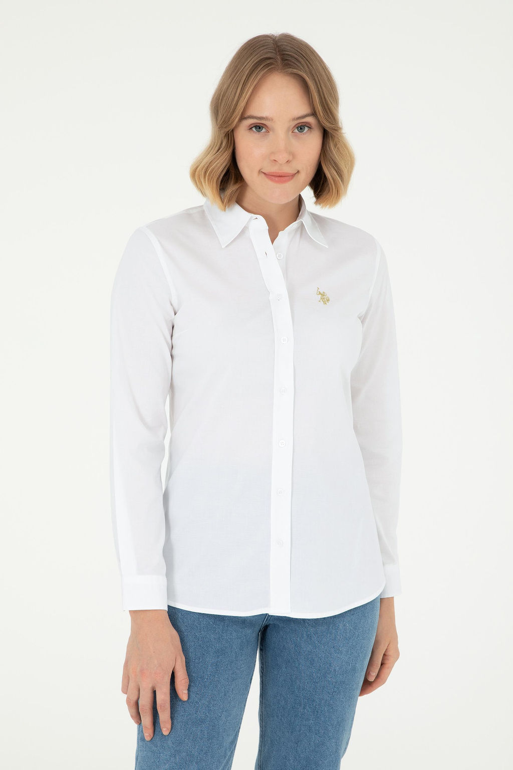 Рубашка женская U.S. Polo Assn с длинным рукавом белая из хлопка и эластана  фото 8