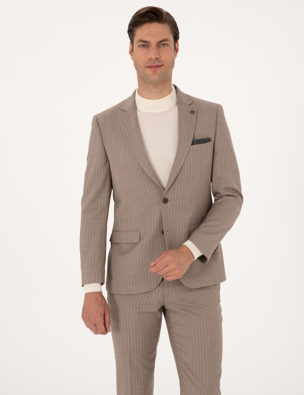 Bej Ex. Slim Fit Y_n Kar___ml_ _izgili Tak_m Elbise