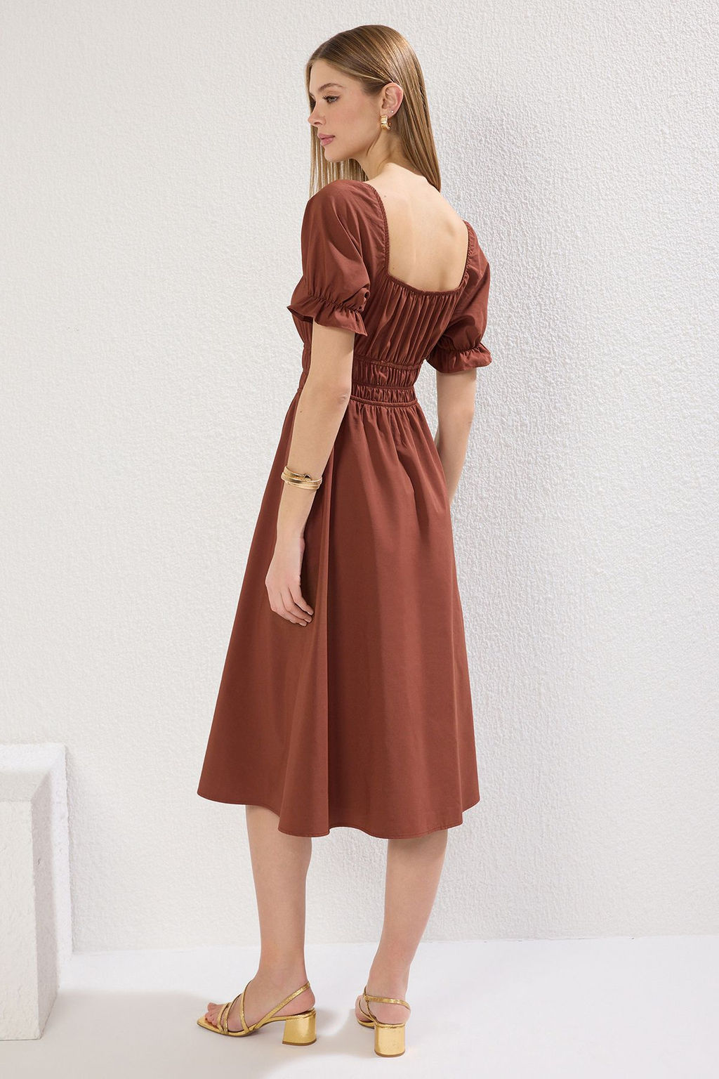 TRENDYOLMILLA K?rm?z? Belden Ac?lan Balon Kollu Midi Dokuma Elbise TWOSS22EL1768 фото 24