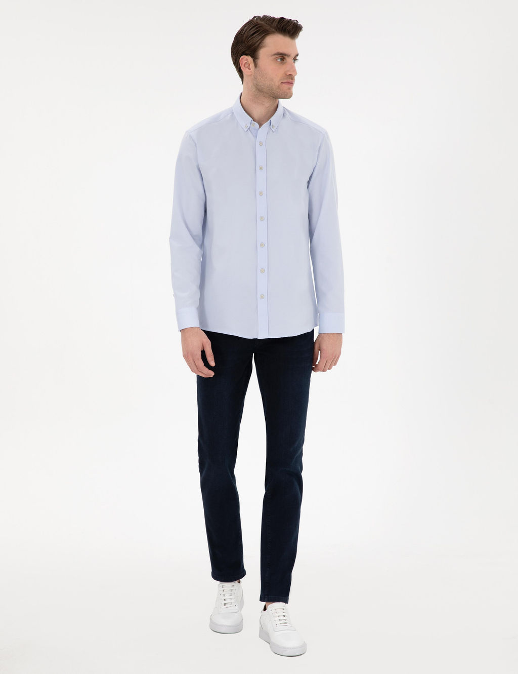 A__k Mavi Slim Fit Oxford G_mlek Uzunkol