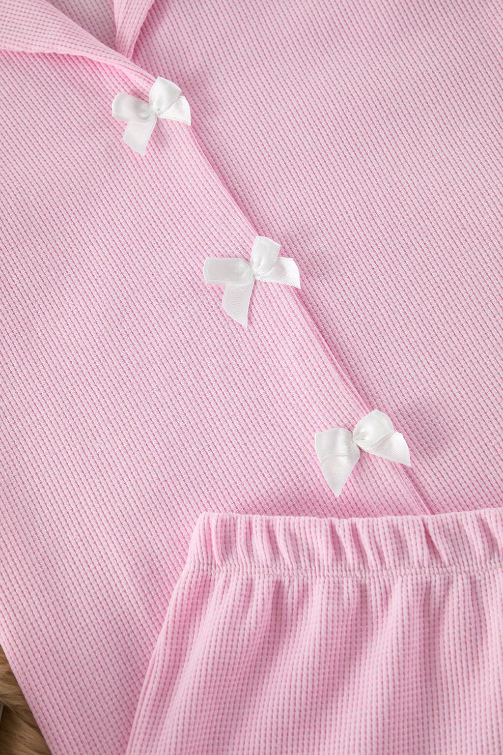 Trendyolmilla Pembe Kurdele/Fiyonk Detayl? Waffle Kumas Sortlu Orme Pijama Tak?m? THMSS25PT00014  фото 15