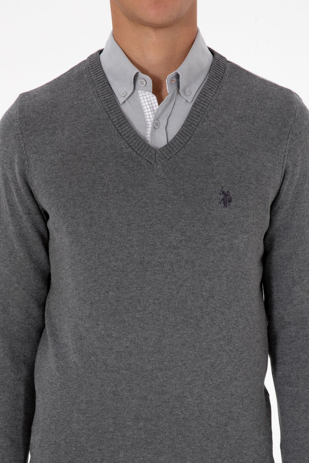 Erkek Slim Fit V Yaka Gri Melanj Basic Triko Kazak - U.s. polo assn фото 6