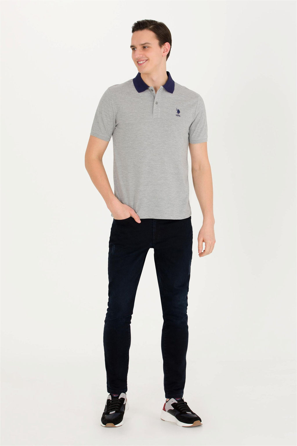 U. S. Polo Assn Мужская серая меланжевая футболка с воротником-поло - U.s. polo assn фото 9